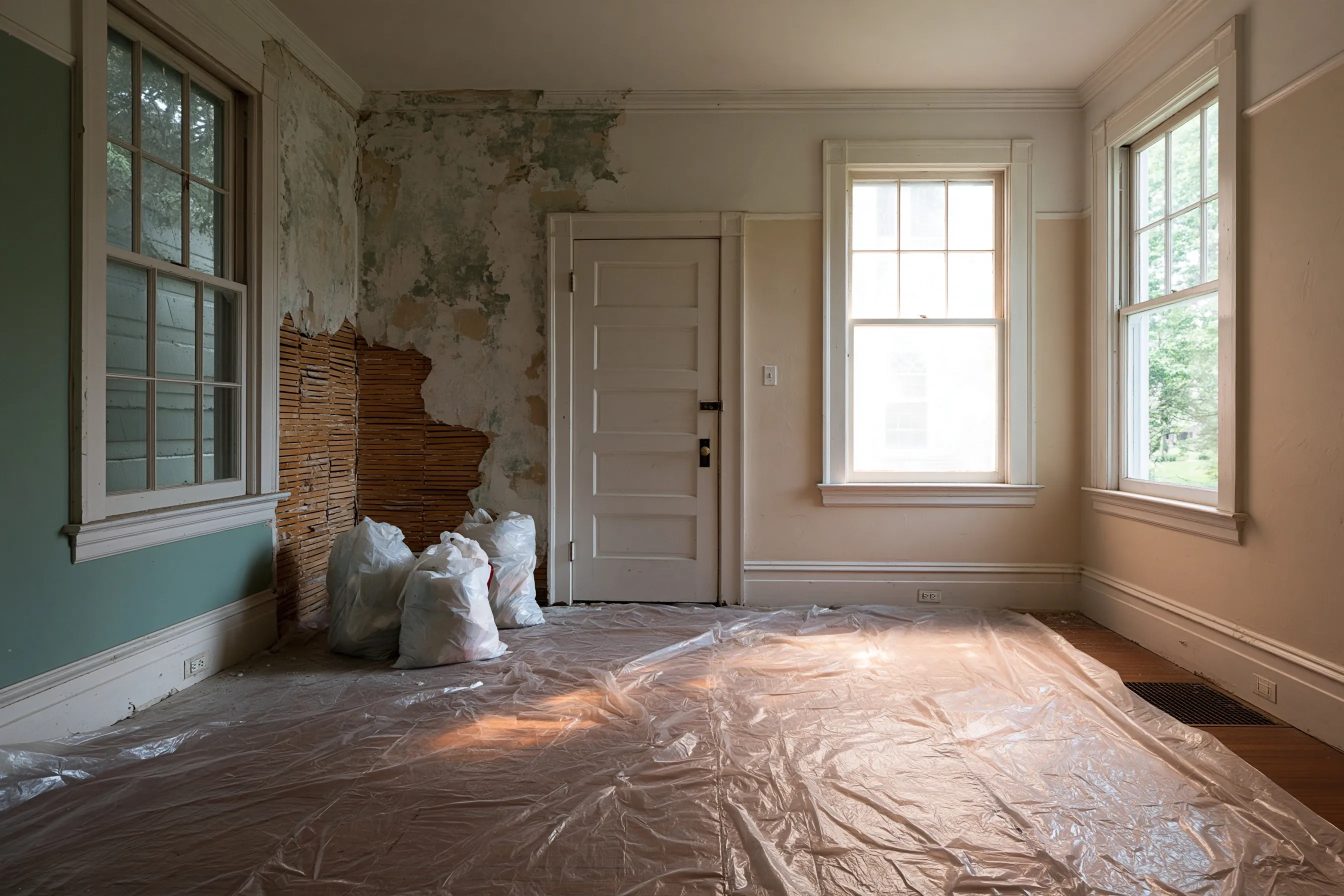 A 1930s bedroom with plaster partly removed down to the wood lath, plastic sheeting over the floor
