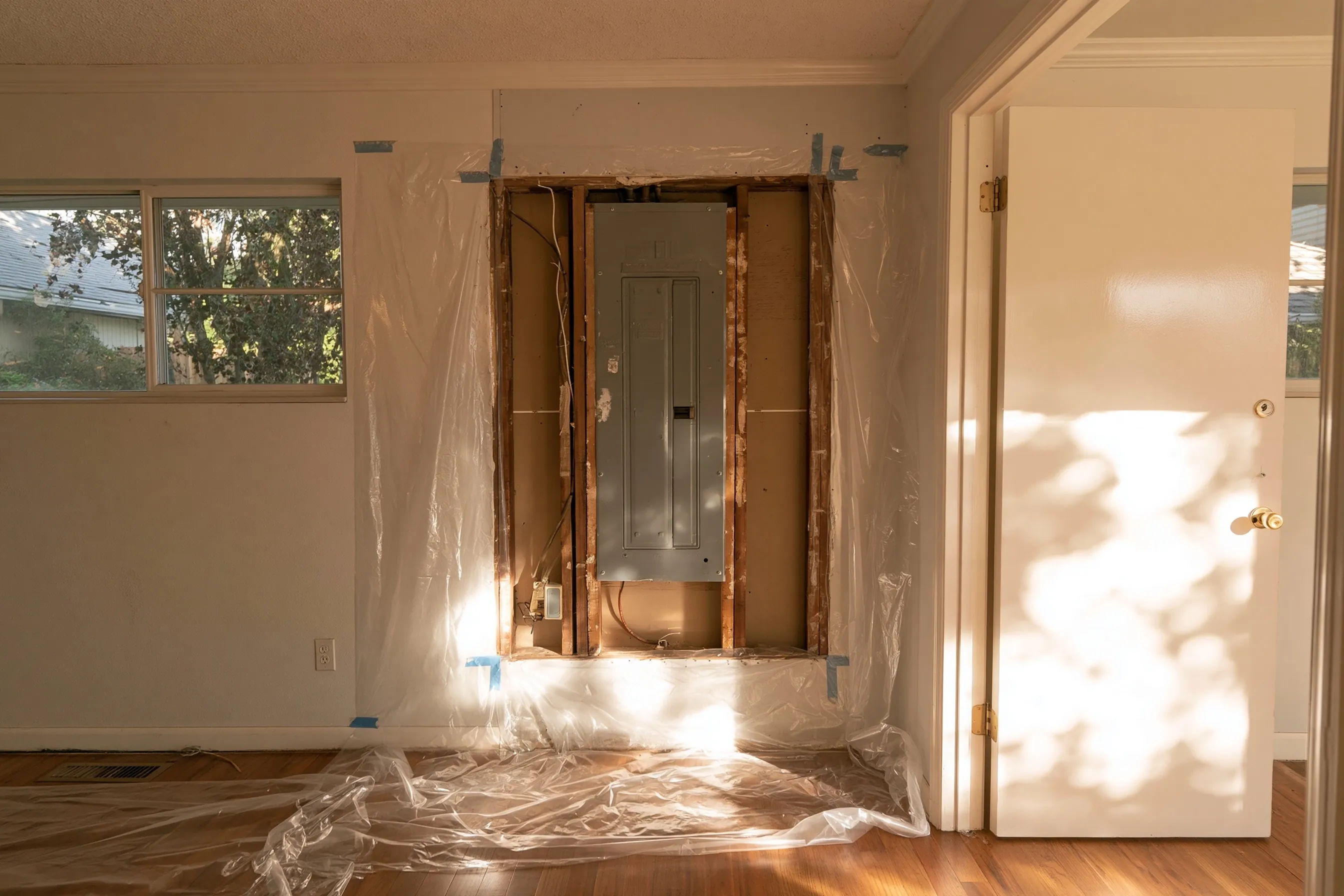 A section of wall around an old electrical panel cut out neatly, with plastic taped around the opening